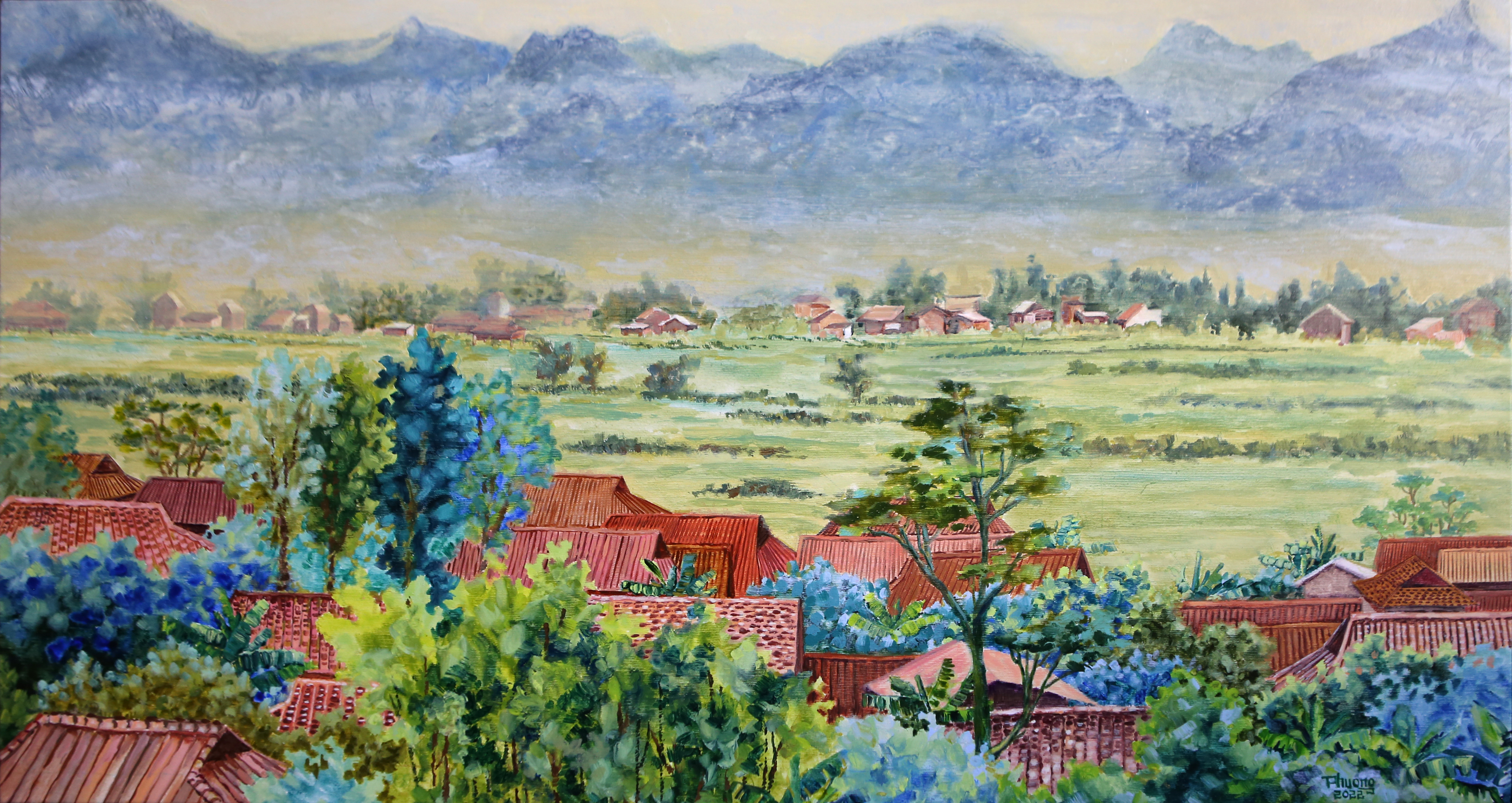 Sương giăng bản nhỏ, 64x120cm, 2022, Acrylic trên toan.